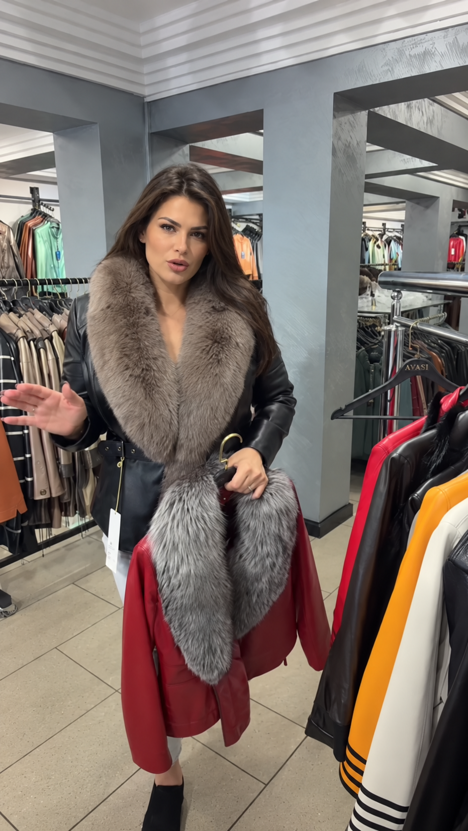 Leather Jacket with Fox Fur Collar