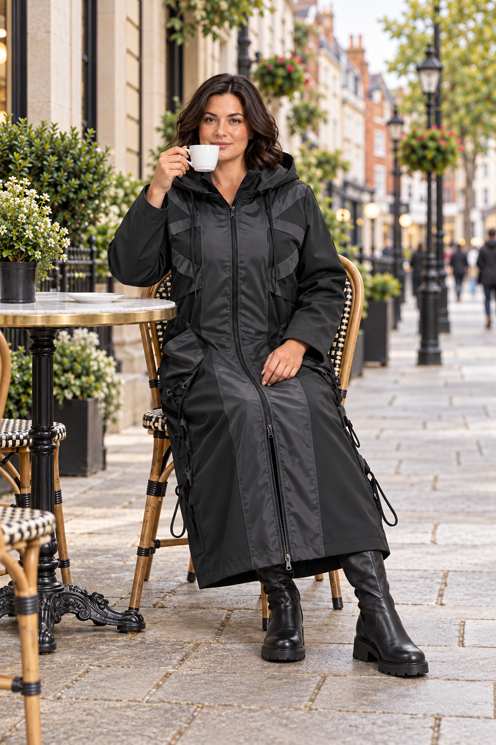 ELA BLACK HOODED LONG COAT
