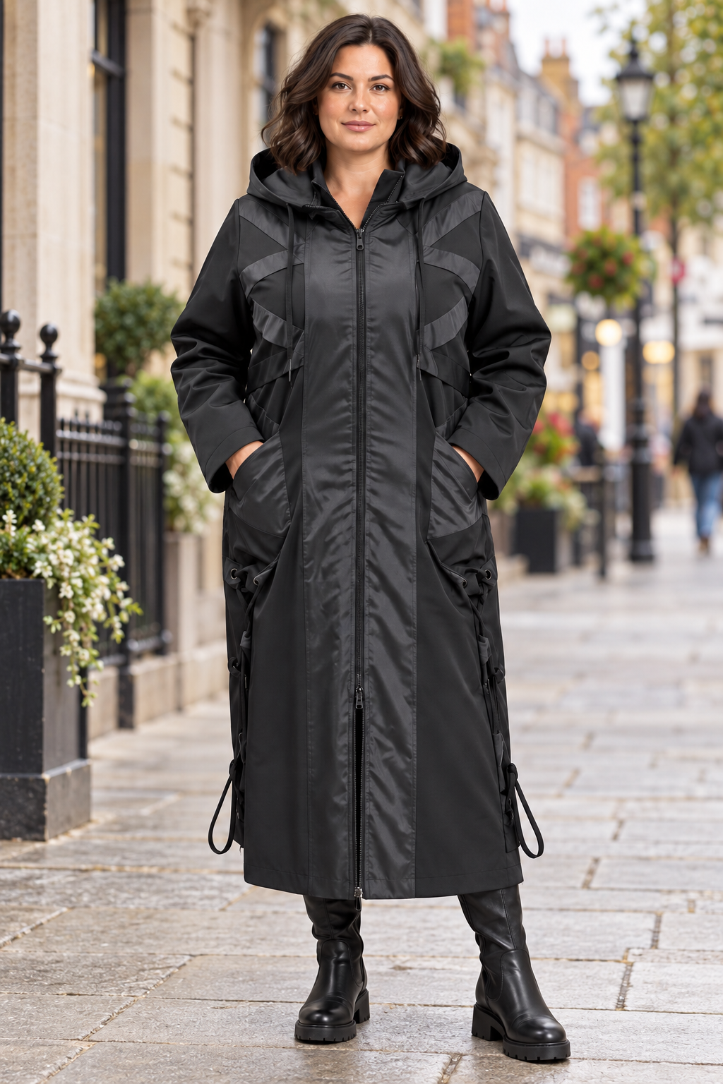 ELA BLACK HOODED LONG COAT