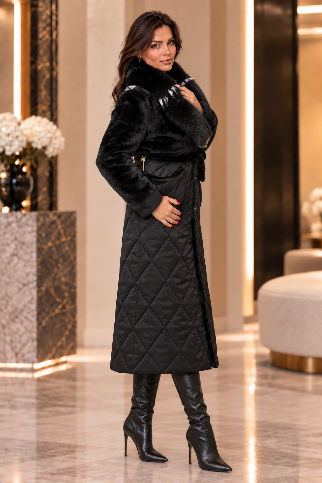 Black Coat with Fox Fur Collar