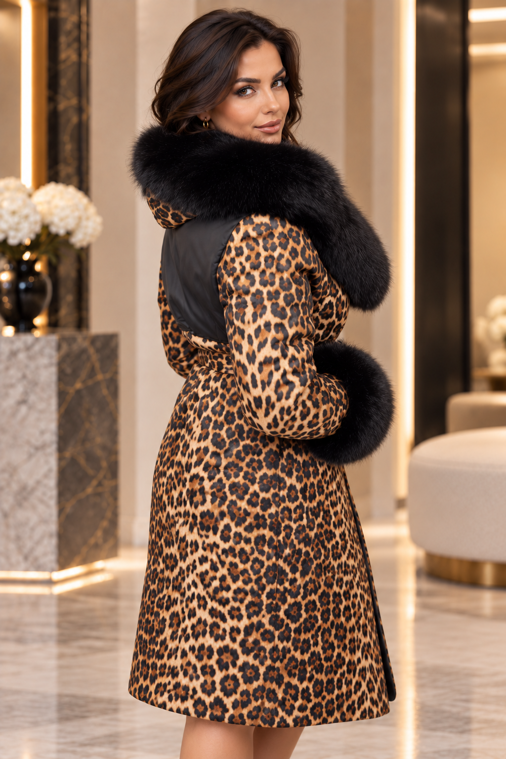 Leopard Print Short Coat with Fur Trim
