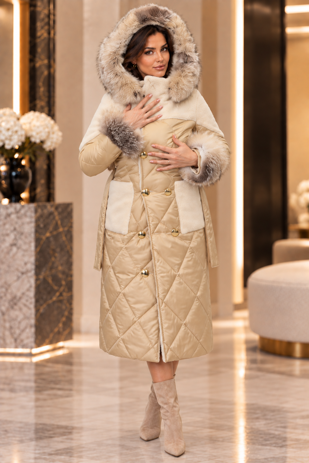 Quilted Coat with Natural Fur Trim